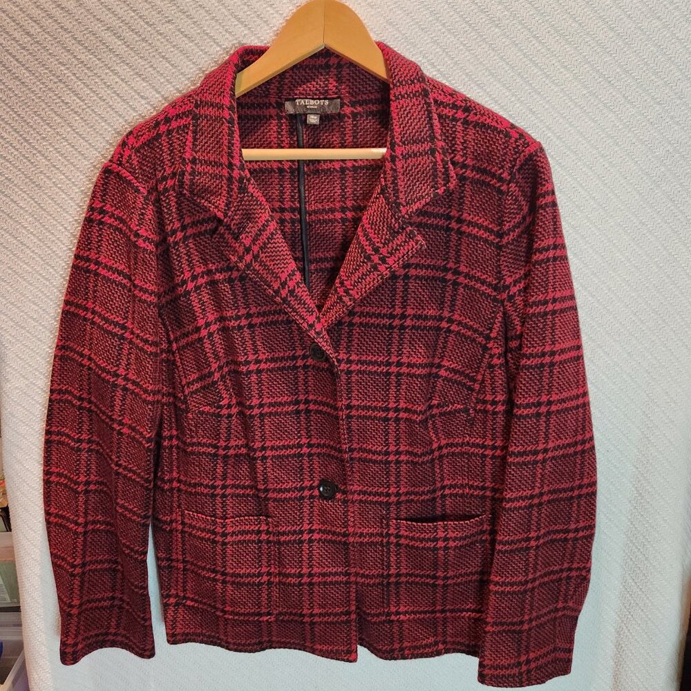 Vtg Talbots Wool Blazer 16w Black Red Plaid Tartan Classic Office